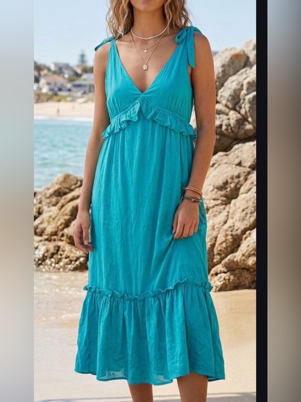 Band of the Free Midi Dress Tiered Cotton Blend Cottage Bohemian Coastal Gauzy S